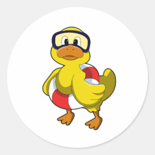 Pegatina Redonda Pato en Natación con anillo de natación y gafas de