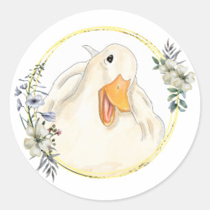 Pegatina Redonda Pato feliz, animal lindo, hecho a mano, marco flor
