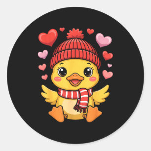 Pegatina Redonda Pato Kawaii de San Valentín Corazones Bufanda de I