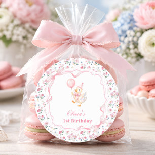 Pegatina Redonda Pato Pequeño Lazo Rosa Floral Cumpleaños Gracias
