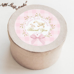 Pegatina Redonda Pato tonto lazo de gingham rosa Baby Shower Gracia