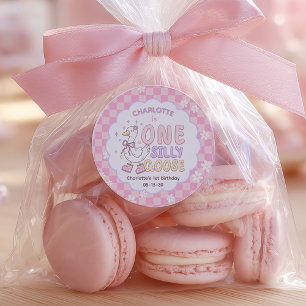 Pegatina Redonda Pato Tonto Rosa - Primer Cumpleaños de Niña