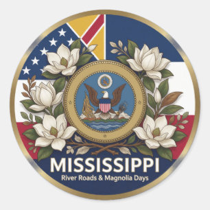 Pegatina Redonda Patrimonio del Estado de la Magnolia de Mississipp