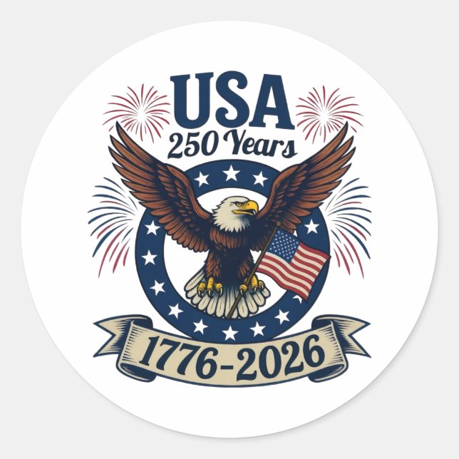 Pegatina Redonda Patriotic American Eagle 250 Years 1776-2026 (Anverso)