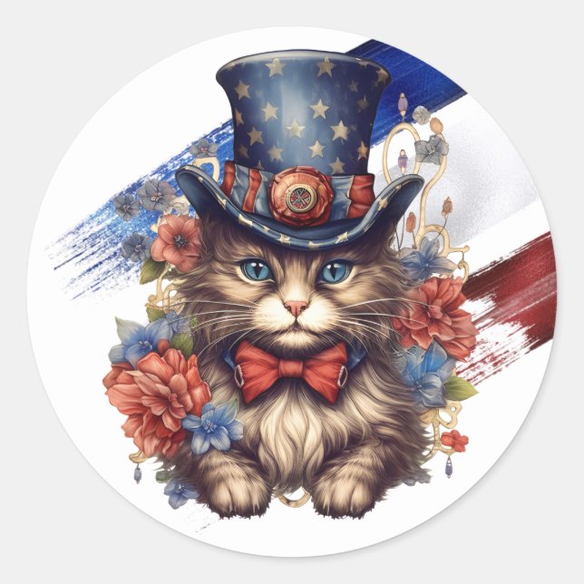 Pegatina Redonda Patriotic Americana Cat (Anverso)