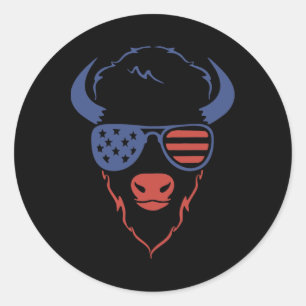 Pegatina Redonda Patriotic Bison 4 De Julio Bandera Estadounidense