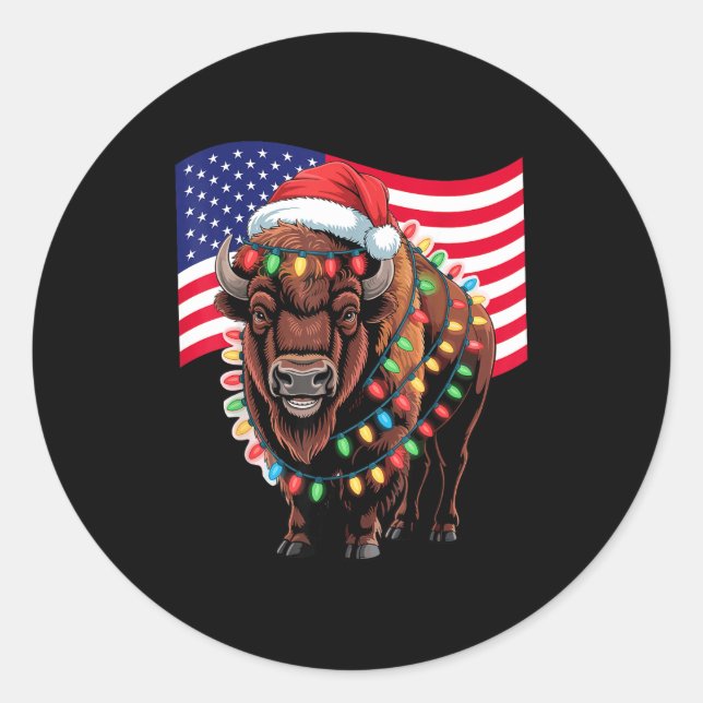 Pegatina Redonda Patriotic Bison Buffalo Christmas Usa Flag Holiday (Anverso)
