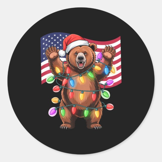 Pegatina Redonda Patriotic Christmas Grizzly Bear Holiday Light San (Anverso)