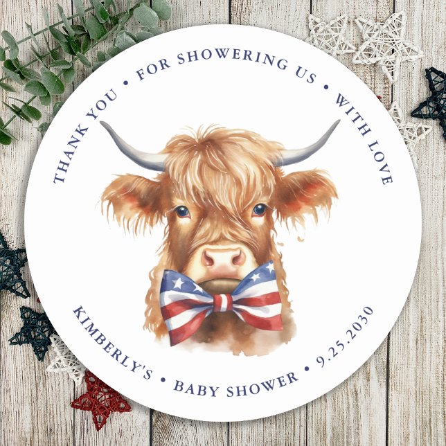 Pegatina Redonda Patriotic Highland Cow Farm Animal Baby Shower (Subido por el creador)