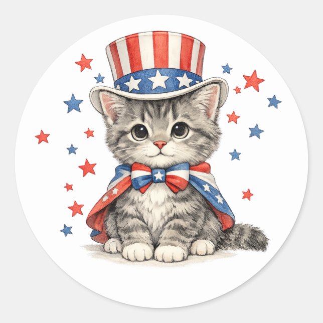 Pegatina Redonda Patriotic Kitten Red White Blue (Anverso)