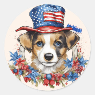 Pegatina Redonda Patriotic Puppy 4 de julio Día de la Independencia