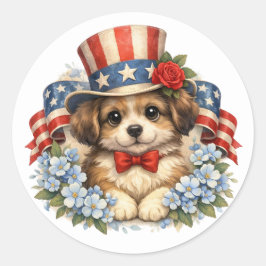 Pegatina Redonda Patriotic Red White Blue Puppy
