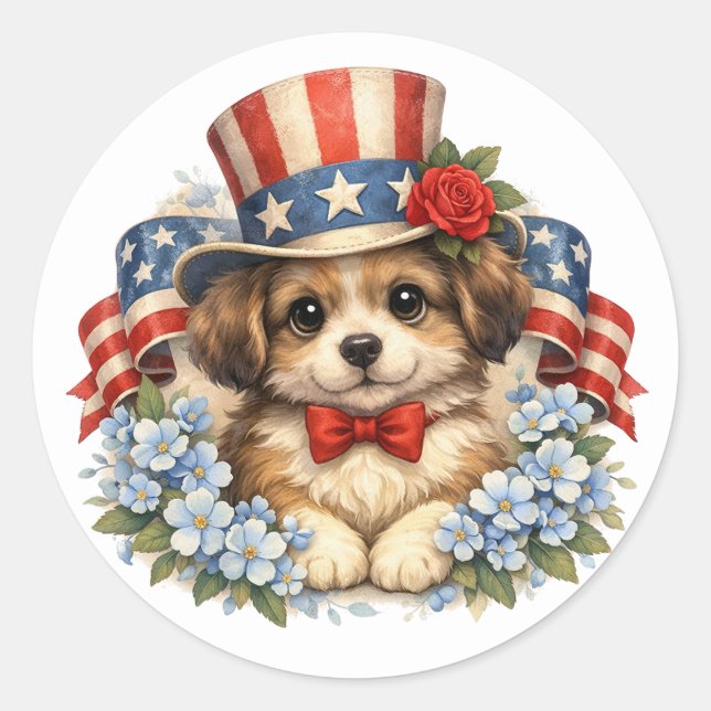 Pegatina Redonda Patriotic Red White Blue Puppy (Anverso)