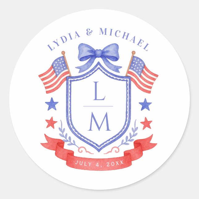 Pegatina Redonda Patriotic Red White & I Do Monogram Wedding (Anverso)