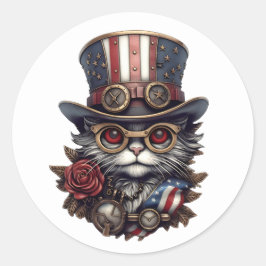 Pegatina Redonda Patriotic Steampunk Cat with Goggles