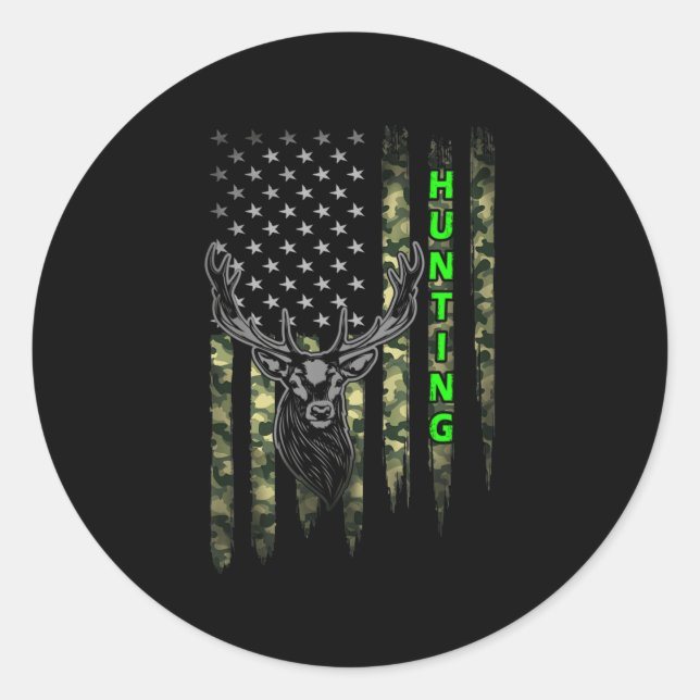 Pegatina Redonda Patriotic Whitetail Buck Deer Hunting American Cam (Anverso)