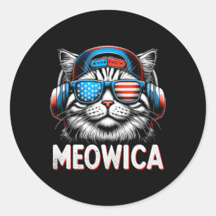 Pegatina Redonda Patriótica Meowica 4 De Julio Cat Bandera Estadoun