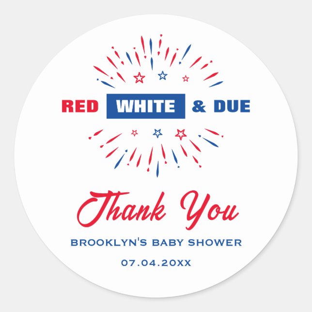 Pegatina Redonda Patriótico 4 de Julio Baby Shower Blanco Rojo Y Ve (Anverso)