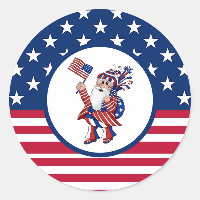 Pegatina Redonda Patriótico 4 de julio Bandera estadounidense Santa (Anverso)