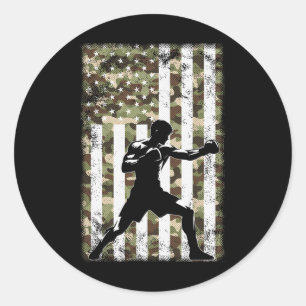 Pegatina Redonda Patriótico Boxer Fighter Camo Bandera Estadouniden