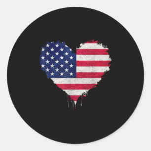 Pegatina Redonda Patriótico Estados Unidos Bandera Corazón De Amor 