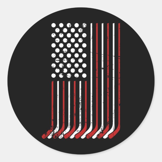 Pegatina Redonda Patriótico Estadounidense Hockey Sticks And Stars  (Anverso)