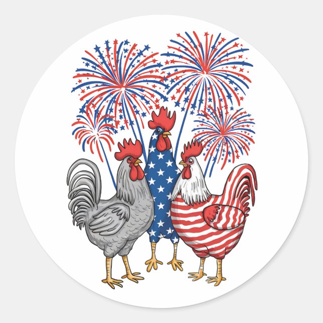 Pegatina Redonda Patriótico Pollo USA Hen 4 De Julio (Anverso)