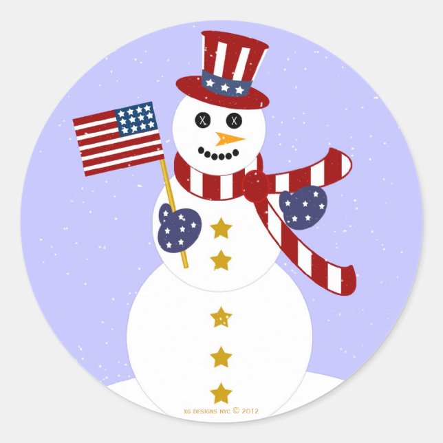 Pegatina Redonda Patriótico Snowman de Estados Unidos con Pegatinas (Anverso)