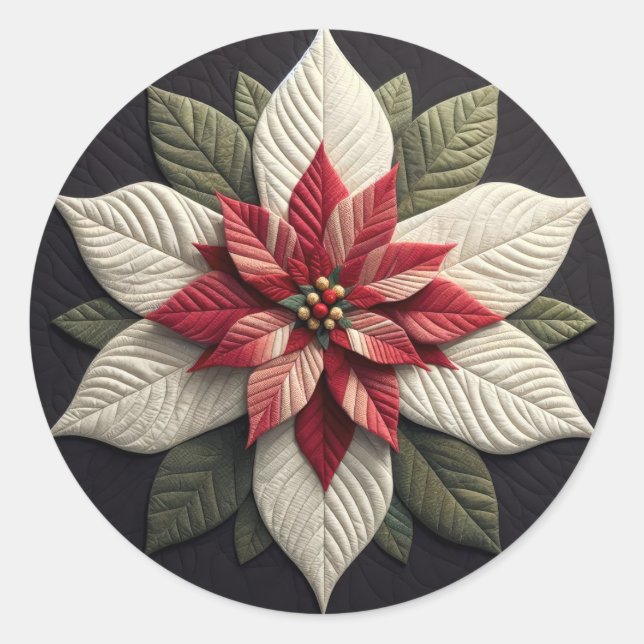 Pegatina Redonda Patrón acabado Poinsettia Verde Rojo Negro (Anverso)