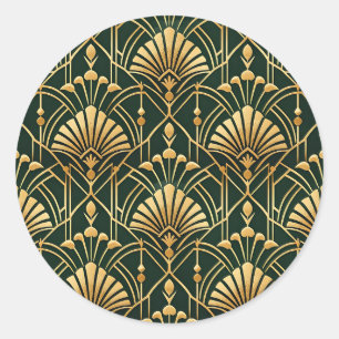Pegatina Redonda Patrón Art Déco de Oro Esmeralda