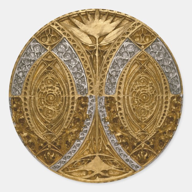 Pegatina Redonda Patrón Art Déco de Plata y Oro (Anverso)