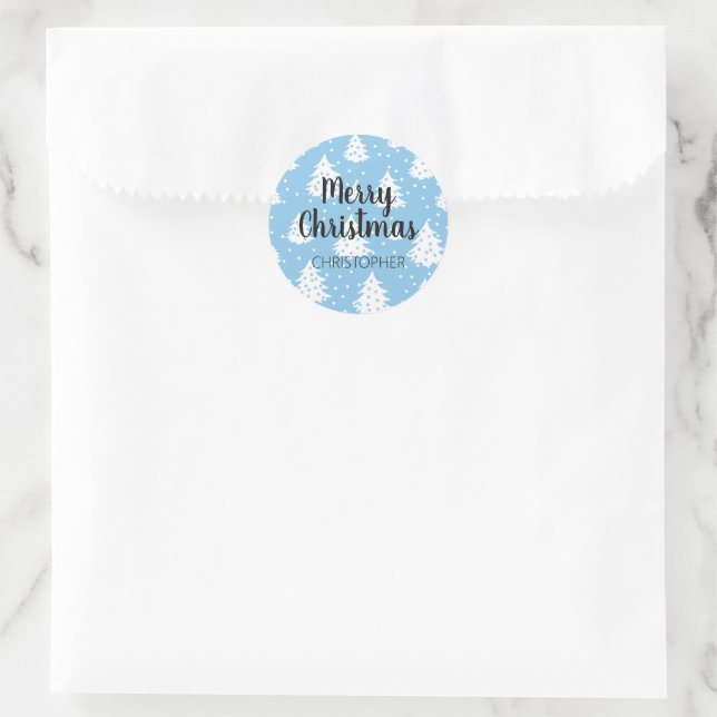 Pegatina Redonda Patrón azul de árbol de Navidad blanco (Bolso)