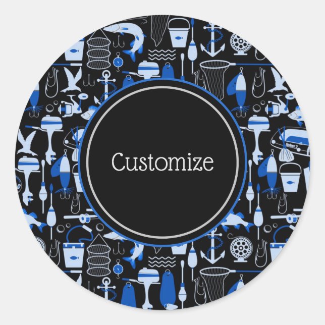 Pegatina Redonda Patrón azul de la pesca con desecho personalizado (Anverso)