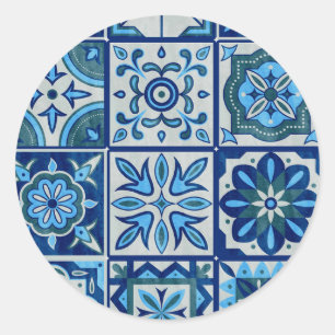 Pegatina Redonda Patrón Azulejos Azul Portugal