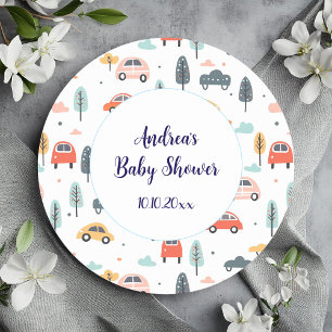 Pegatina Redonda Patrón Baby Shower de autos, árboles y nubes para