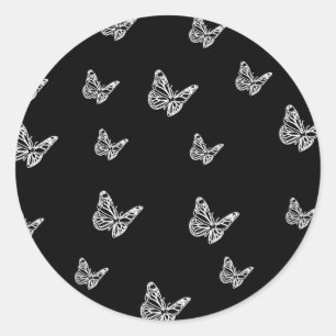 Pegatina Redonda Patrón blanco y negro de mariposa, estético