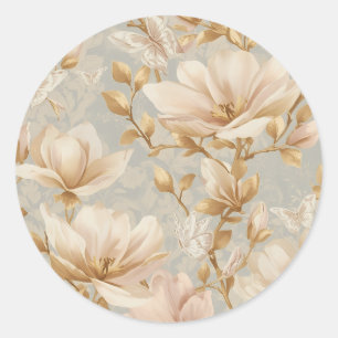 Pegatina Redonda Patrón Botánico de Mariposa de Magnolia Suave