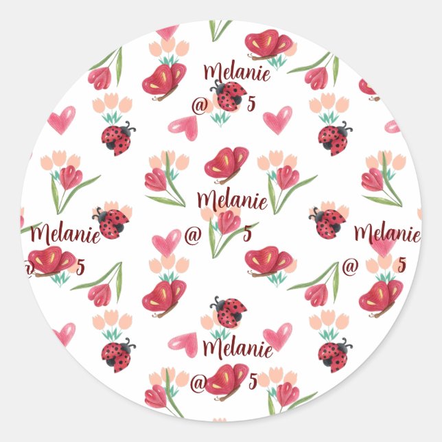 Pegatina Redonda Patrón cardíaco de garabato, mariposa y tulipán (Anverso)