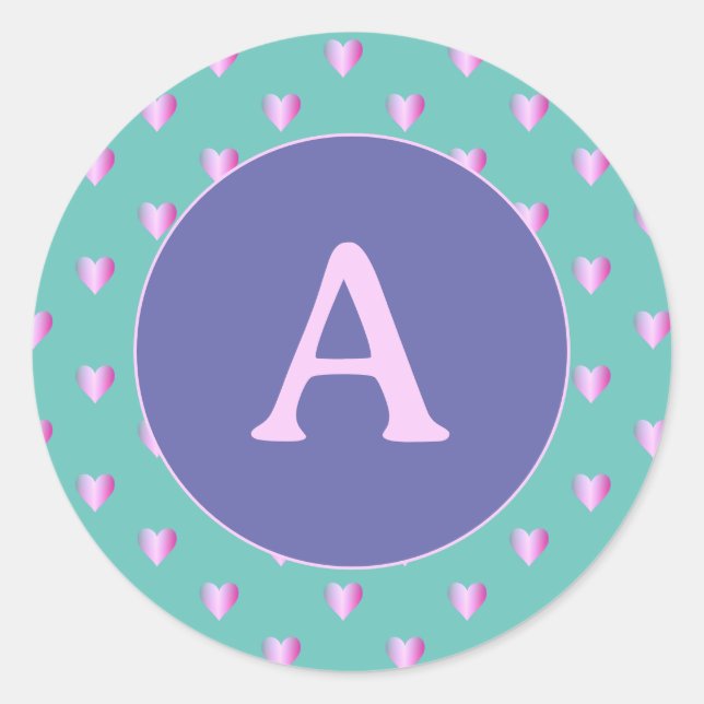 Pegatina Redonda Patrón cardíaco monograma personalizado Lilac Verd (Anverso)