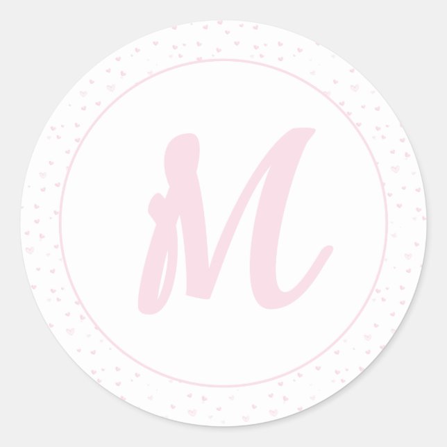 Pegatina Redonda Patrón cardíaco rosado Girly Romántico Monogramado (Anverso)