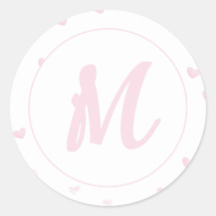 Pegatina Redonda Patrón cardíaco rosado Girly Romántico Monogramado