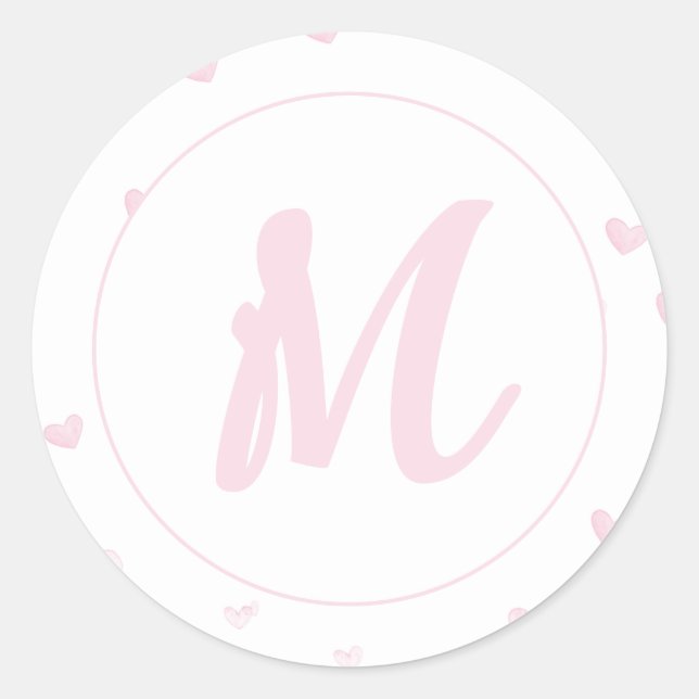 Pegatina Redonda Patrón cardíaco rosado Girly Romántico Monogramado (Anverso)