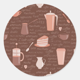 Pegatina Redonda Patrón con elementos relacionados con el café