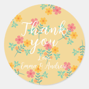 Pegatina Redonda Patrón Daisy Retro Bouquet en amarillo