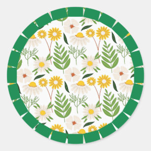 Pegatina Redonda Patrón Daisy Springtime, marco verde,