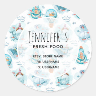 Pegatina Redonda Patrón de acuarela de ballenas náuticas