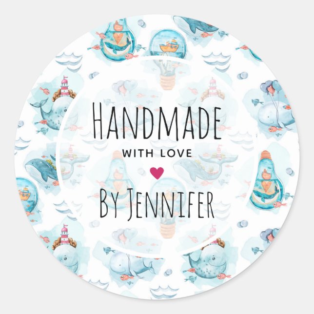 Pegatina Redonda Patrón de acuarela de ballenas náuticas (Anverso)