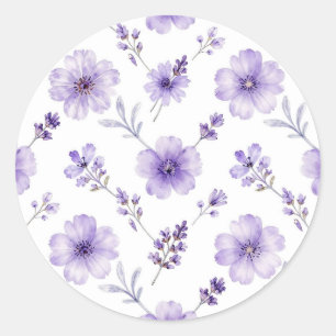 Pegatina Redonda Patrón de acuarela de flor de lino púrpura lavanda