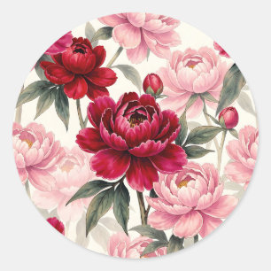 Pegatina Redonda Patrón de Acuarela Floral de Peonía Roja y Rosa Pr