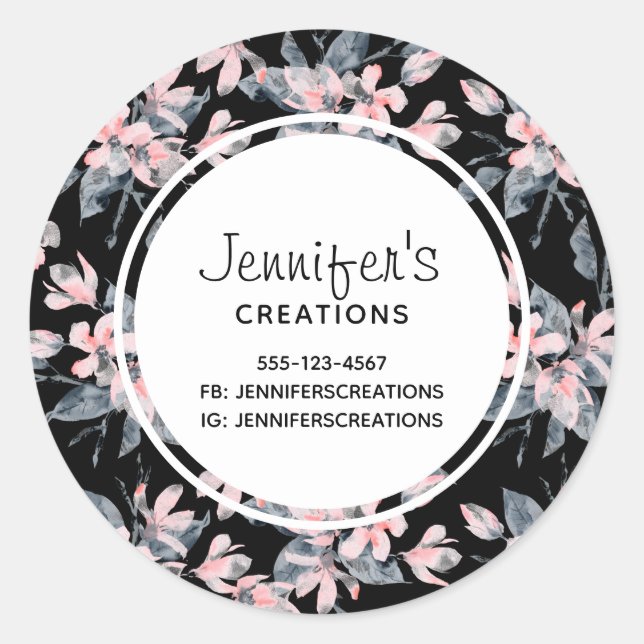 Pegatina Redonda Patrón de acuarela floral rosa y gris (Anverso)